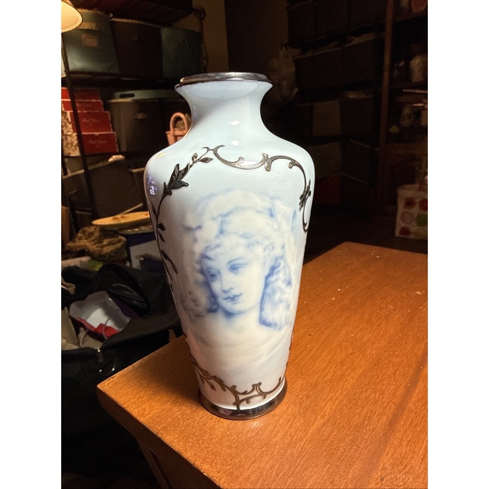 Antique Rosenthal Copenhagen Silver Overlay Vase Portrait Flow Blue Art Nouveau